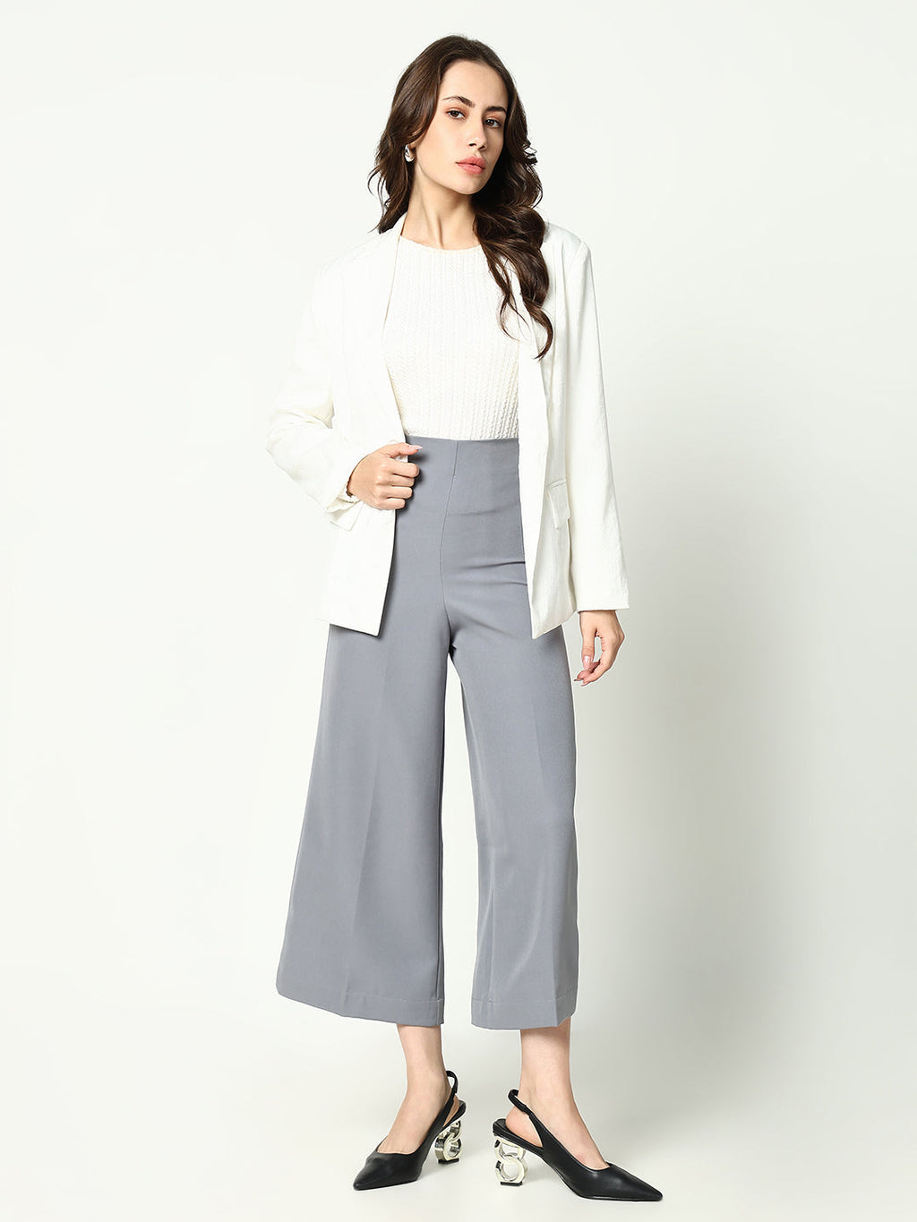 Women's Grey Cotton Regular Fit Comfort Pleated Trousers