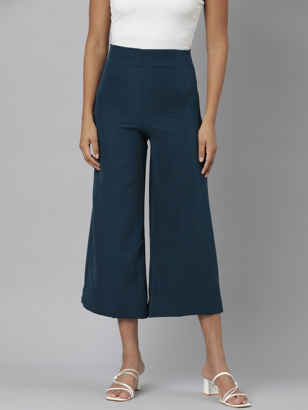 Women's Teal Relaxed Straight Leg Flared Cotton Culottes Trousers