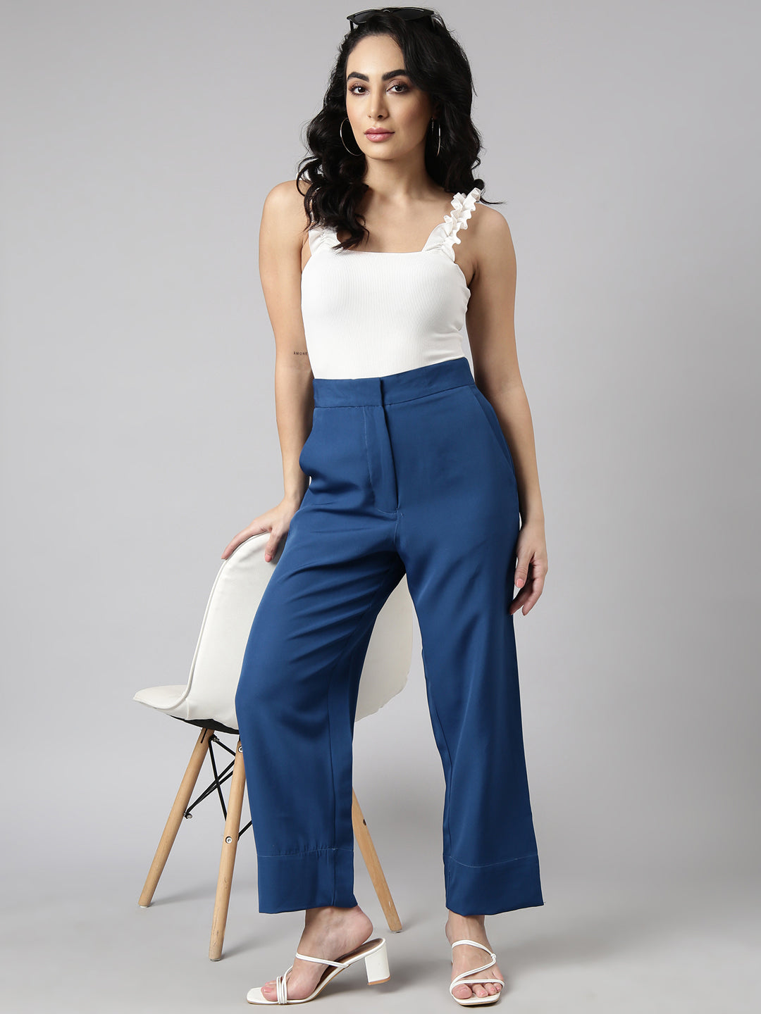 Women's Solid Teal Parallel Trousers