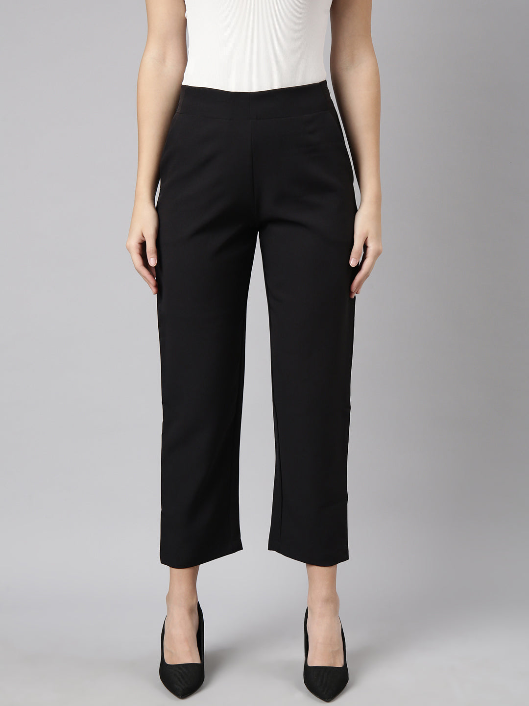 Women's Black Regular Fit Cotton Comfort Formal Trousers