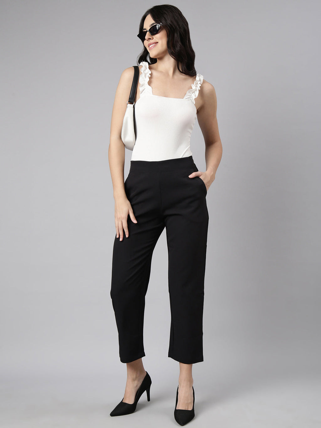 Women's Black Regular Fit Cotton Comfort Formal Trousers