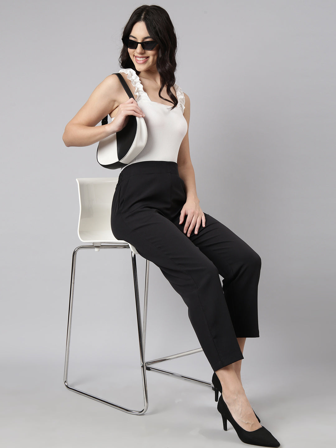 Women's Black Regular Fit Cotton Comfort Formal Trousers