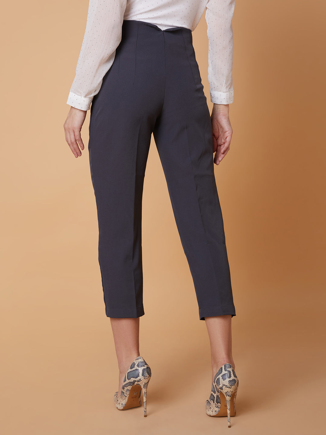 Women's Charcoal Solid Comfort Slim Fit Formal Trousers