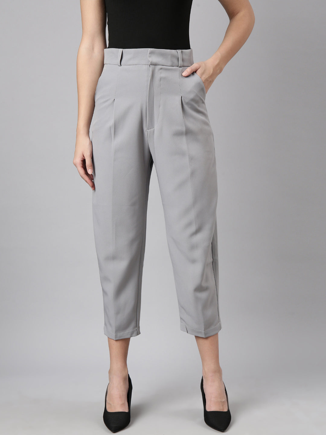 Women's Grey Comfort Regular Fit Cotton Formal Trouser