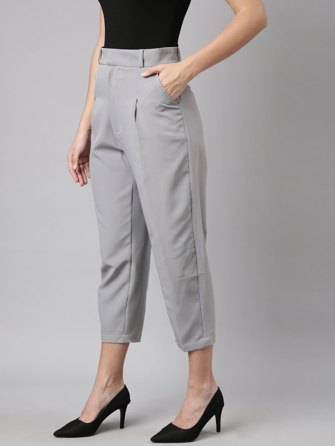 Women's Grey Comfort Regular Fit Cotton Formal Trouser
