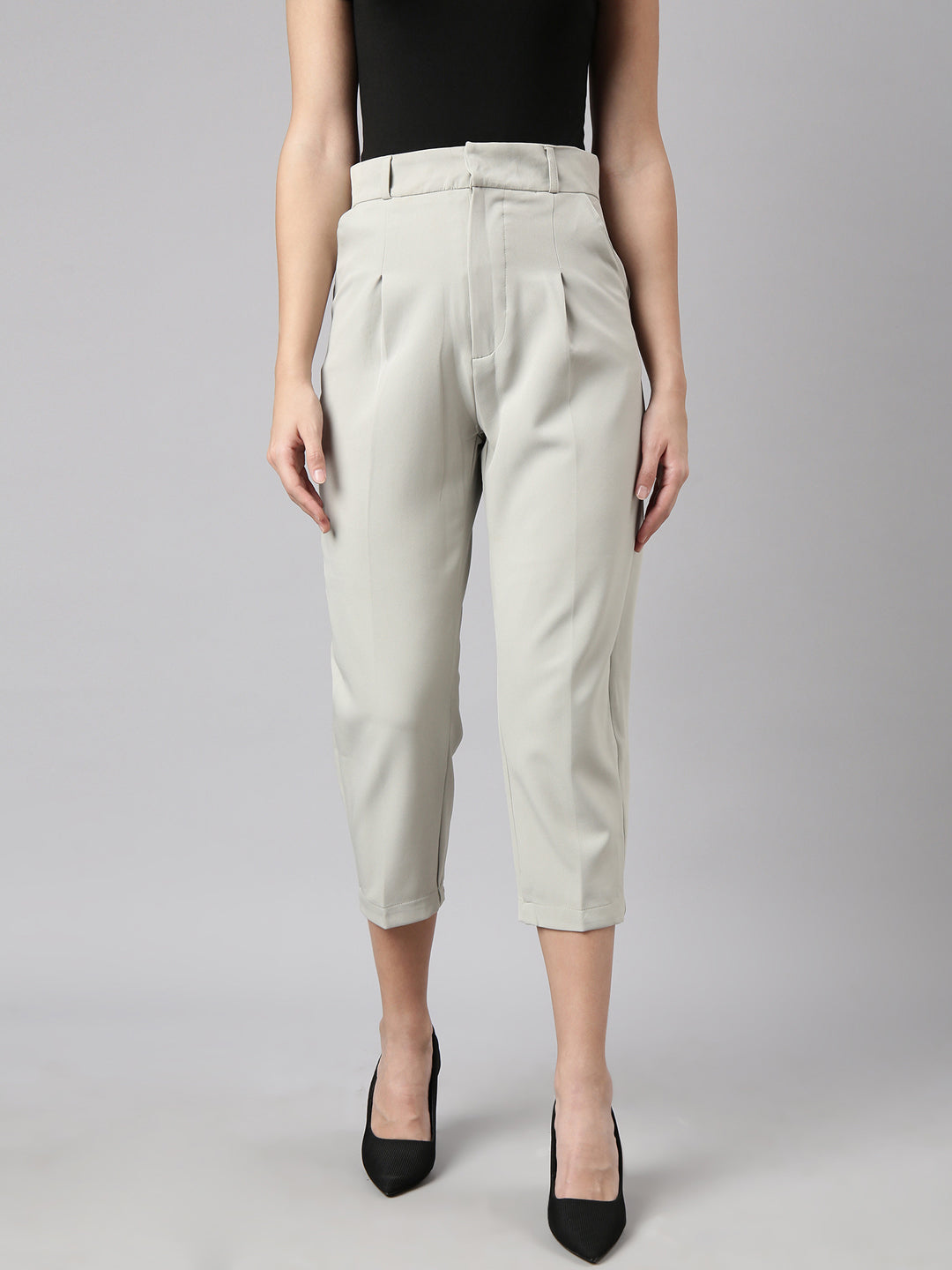 Women's Sea Green Comfort Tapered Fit Pleated Cotton Trousers
