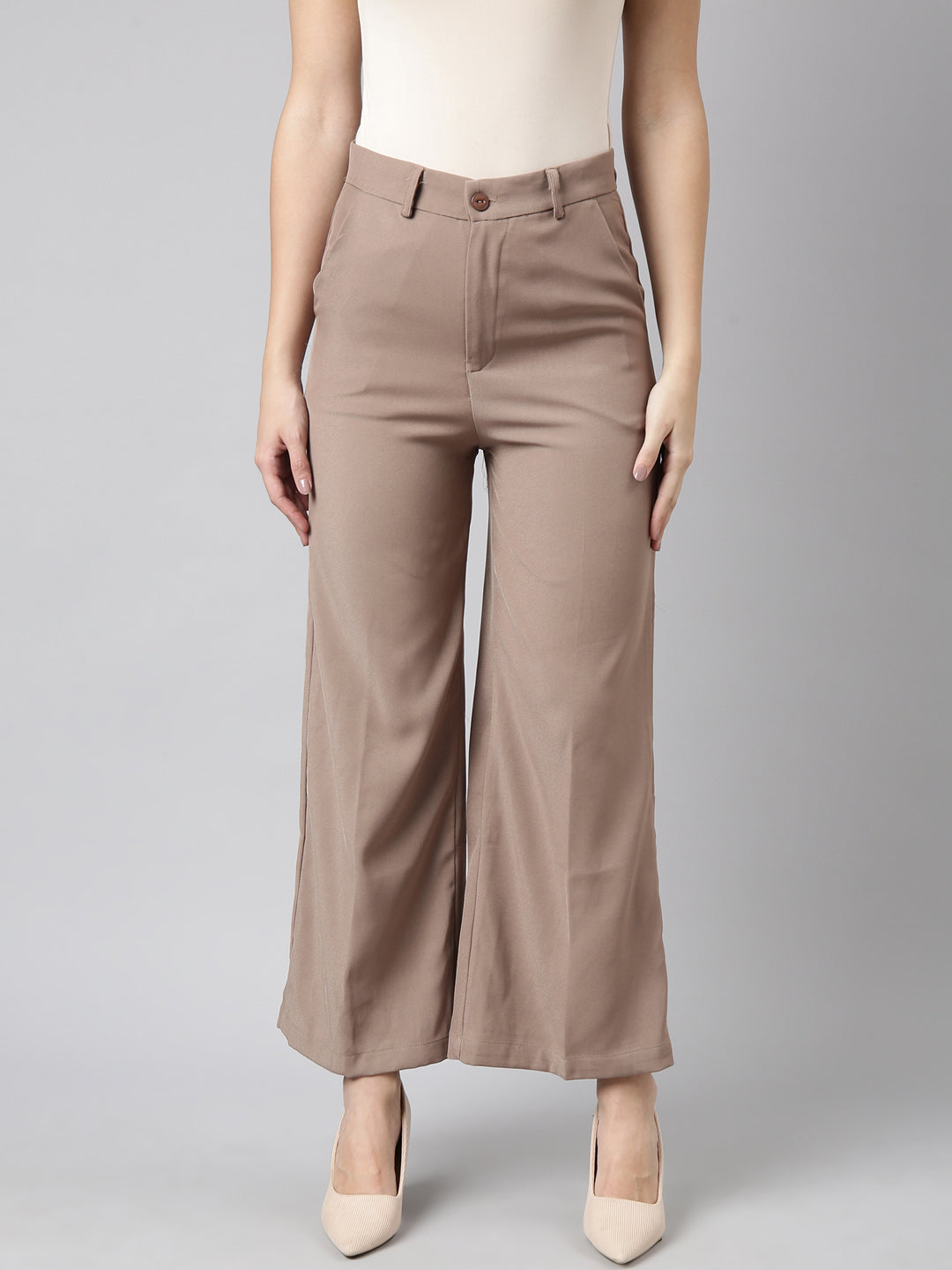 Women's Beige Regular Fit Cotton Comfort Parallel Trousers