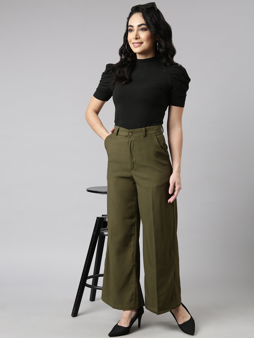 Women's Olive Regular Fit Cotton Comfort Parallel Trousers
