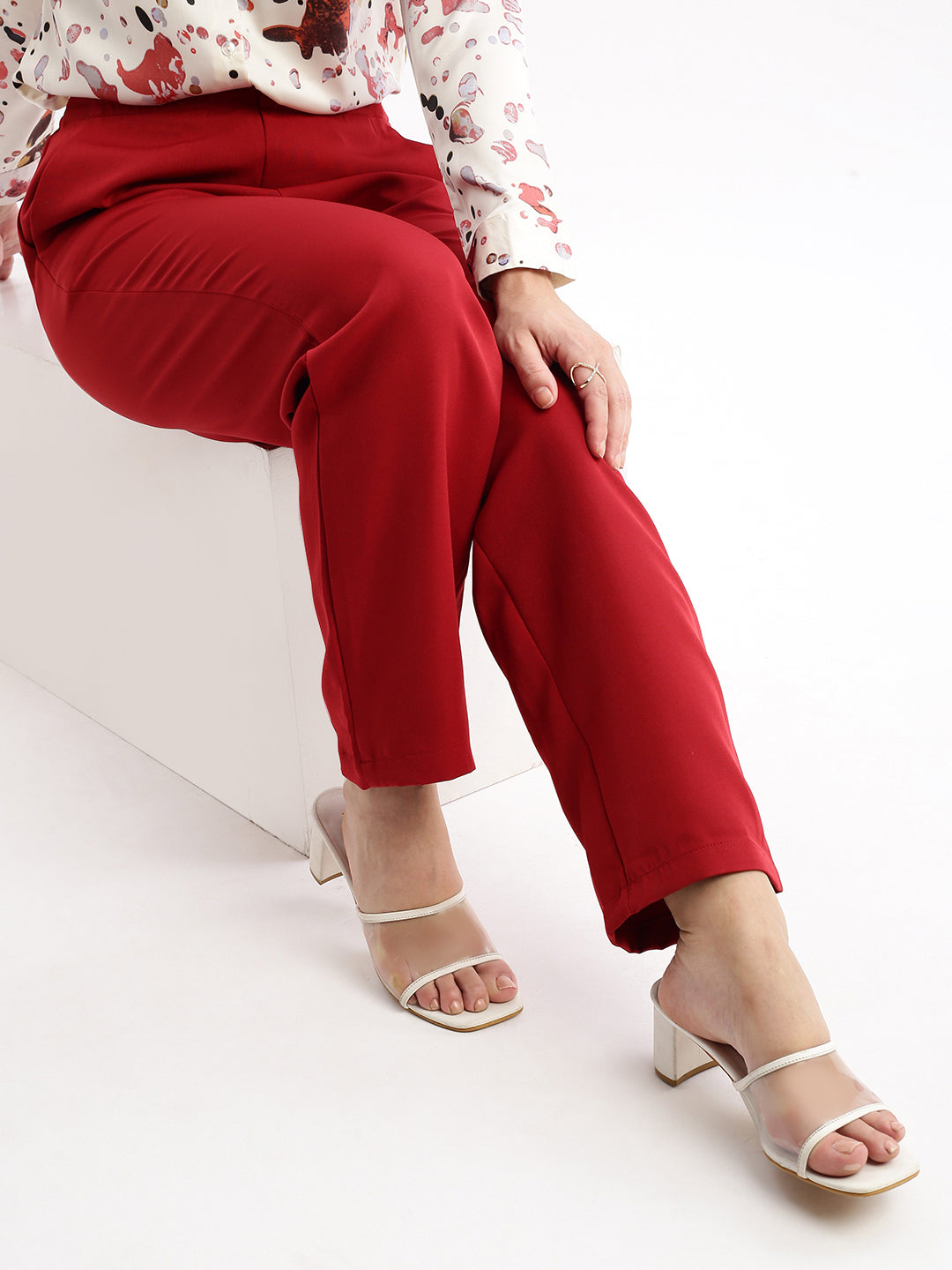 Women's Maroon Comfort Slim Fit Mid Rise Regular Trousers