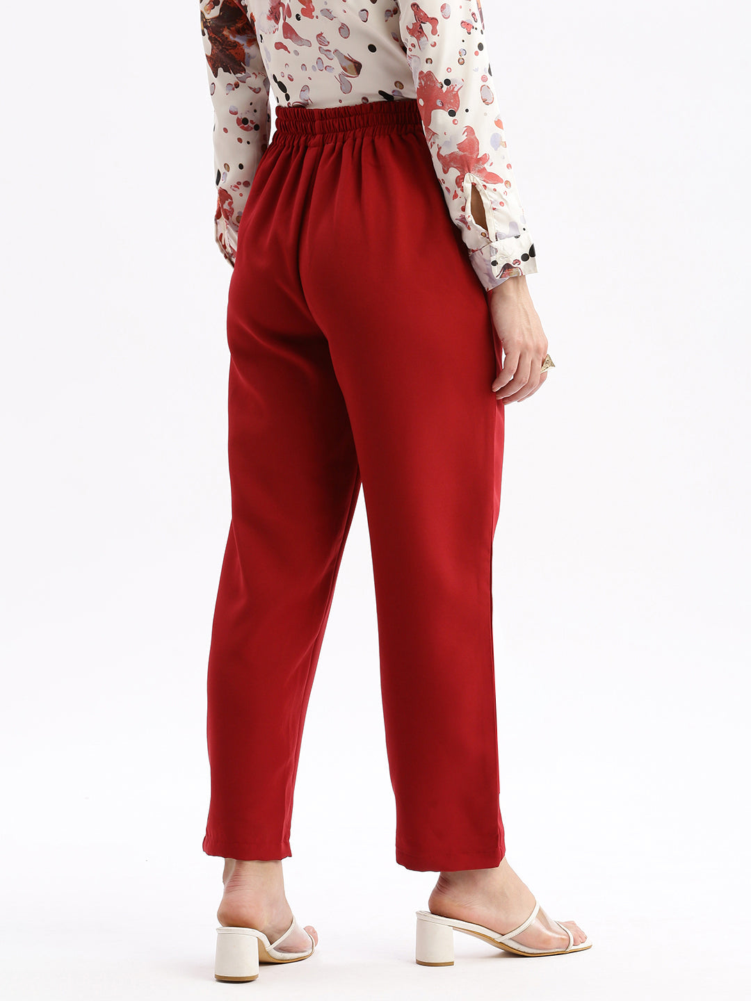 Women's Maroon Comfort Slim Fit Mid Rise Regular Trousers