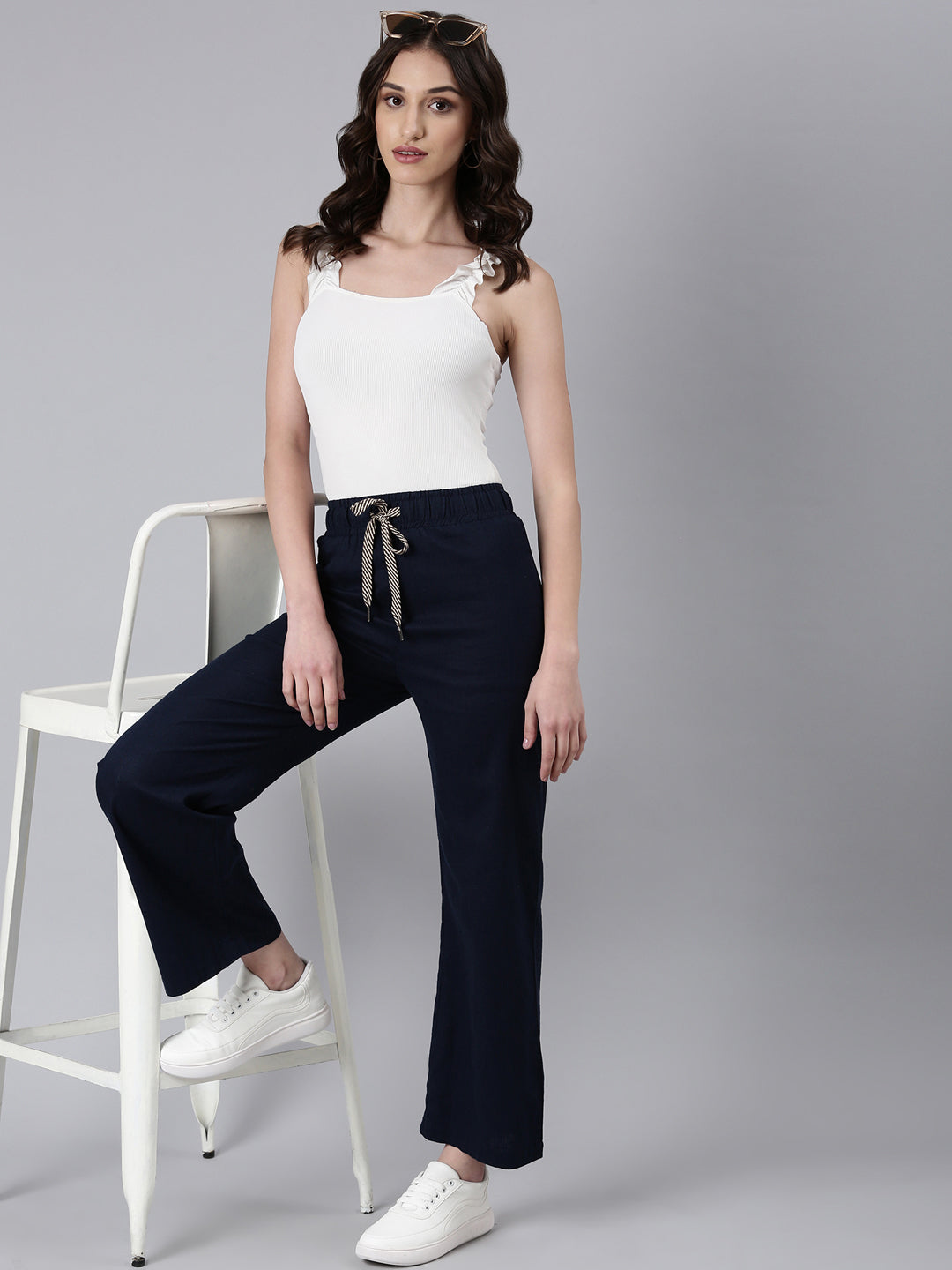 Women's Navy Blue Straight Fit Cotton Parallel Trousers