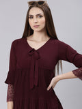 Women's Maroon Tie-Up Neck Bell Sleeves Pleated Georgette Empire Dress