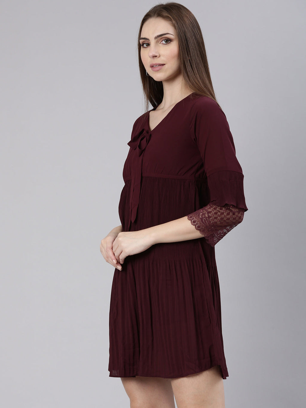 Women's Maroon Tie-Up Neck Bell Sleeves Pleated Georgette Empire Dress