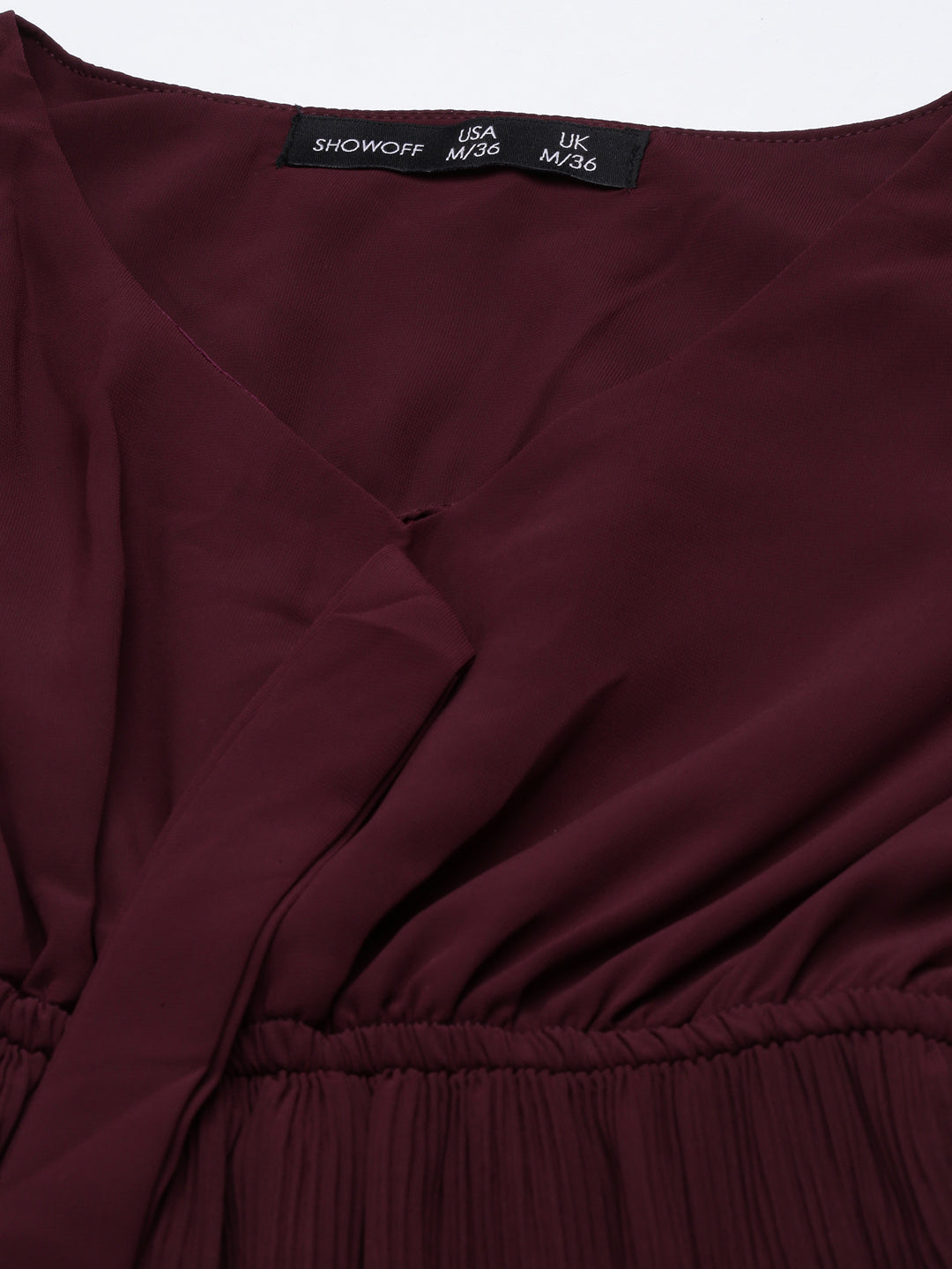 Women's Maroon Tie-Up Neck Bell Sleeves Pleated Georgette Empire Dress
