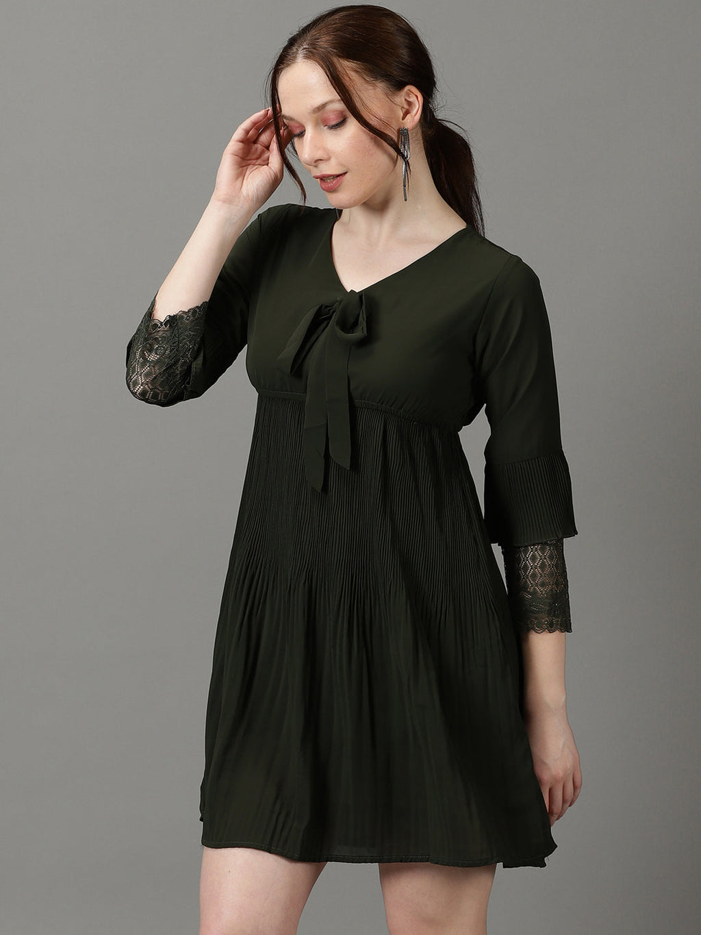 Women's Olive V-Neck Accordion Pleats Chiffon A-Line Dress