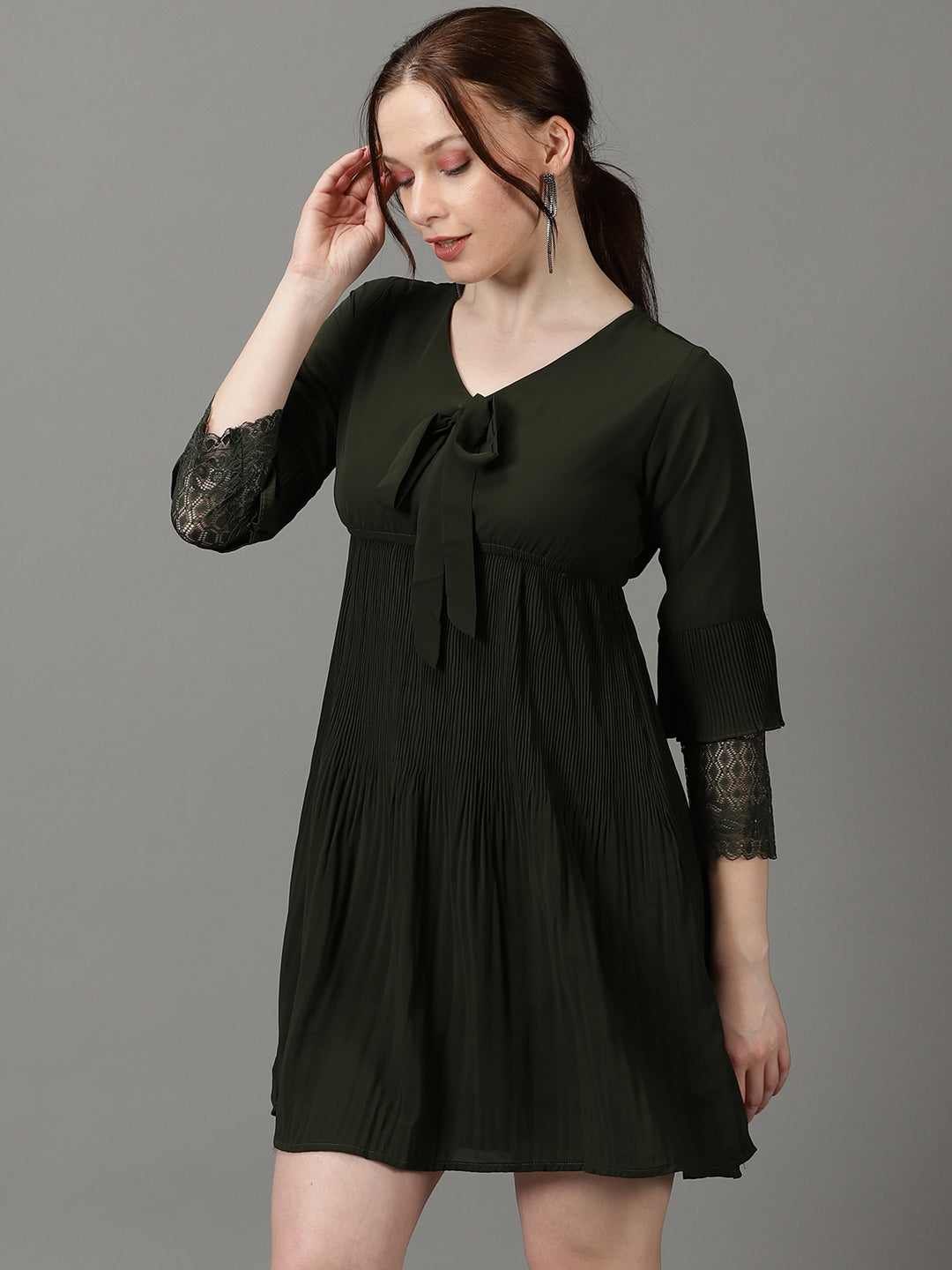 Women's Olive V-Neck Accordion Pleats Chiffon A-Line Dress
