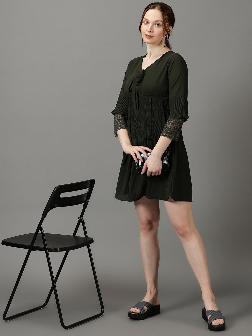 Women's Olive V-Neck Accordion Pleats Chiffon A-Line Dress