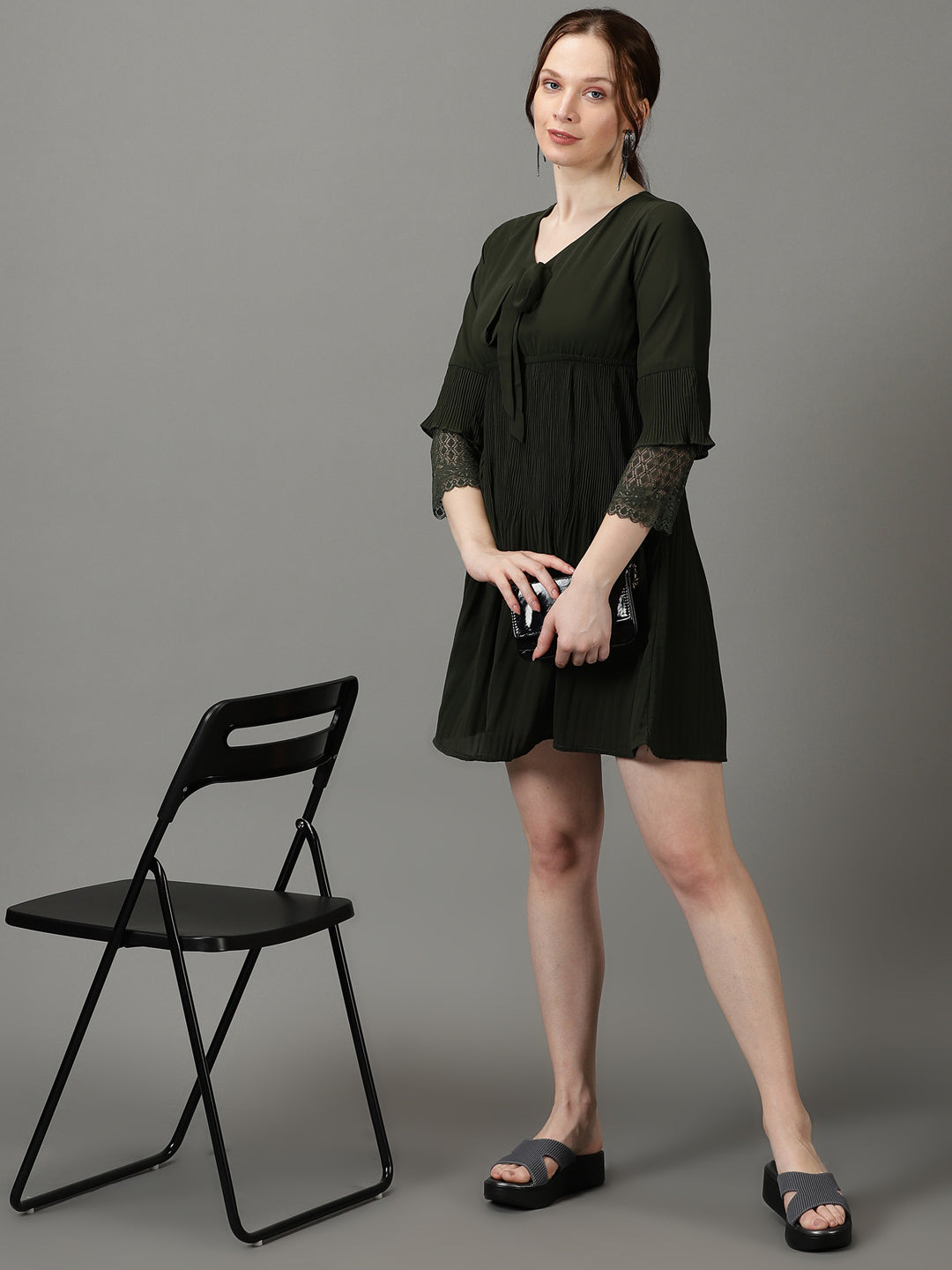 Women's Olive V-Neck Accordion Pleats Chiffon A-Line Dress