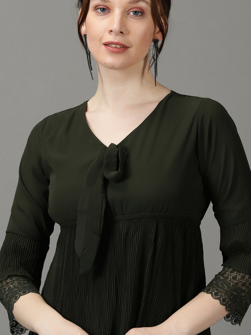 Women's Olive V-Neck Accordion Pleats Chiffon A-Line Dress