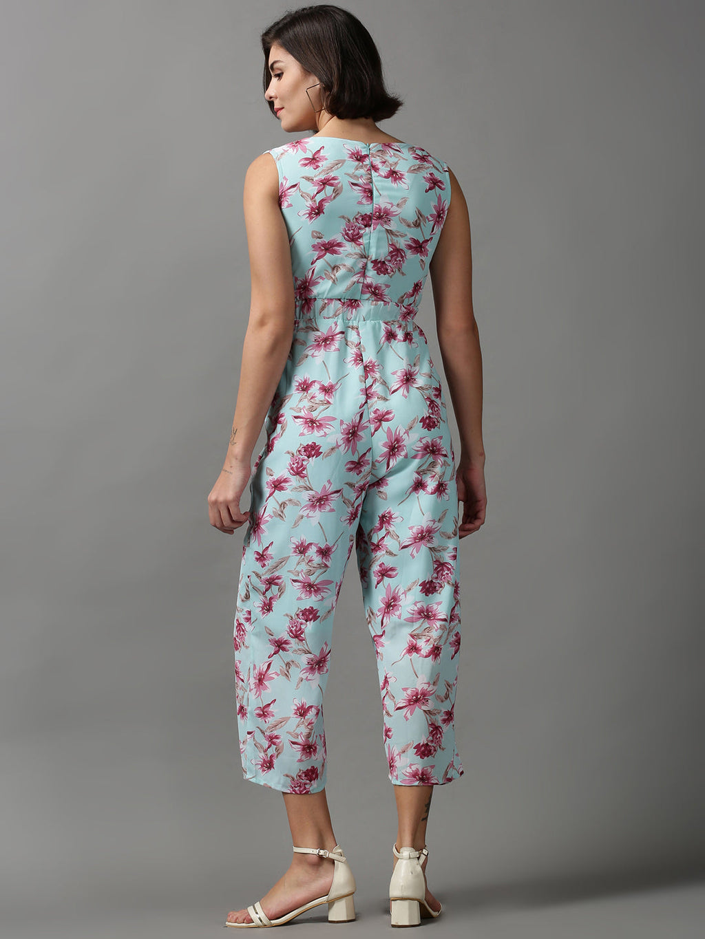 Women's Sea Green V-Neck Printed Basic Jumpsuit