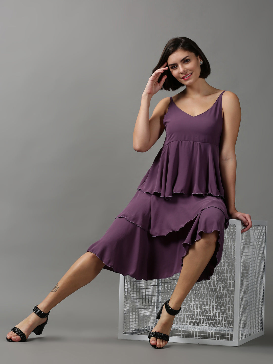 Women's Violet Solid Layered Crepe Empire Midi Dress