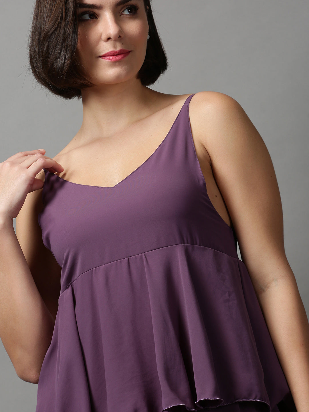 Women's Violet Solid Layered Crepe Empire Midi Dress