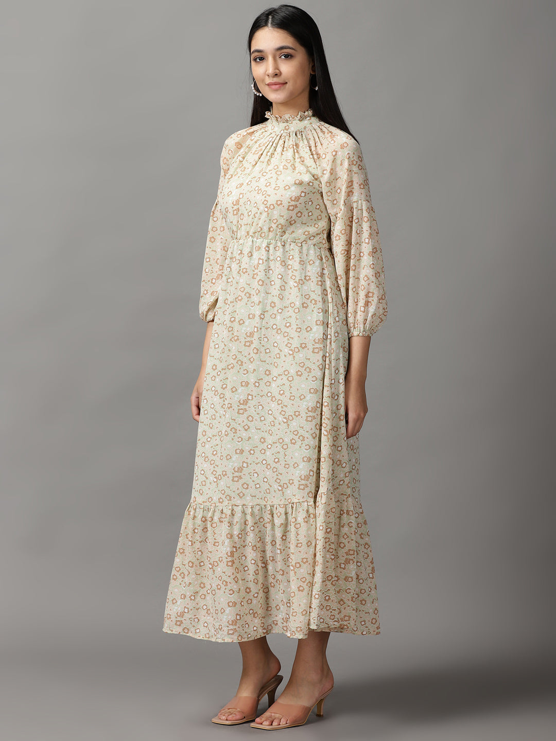 Women's Green Floral Chiffon Fit & Flare Dress