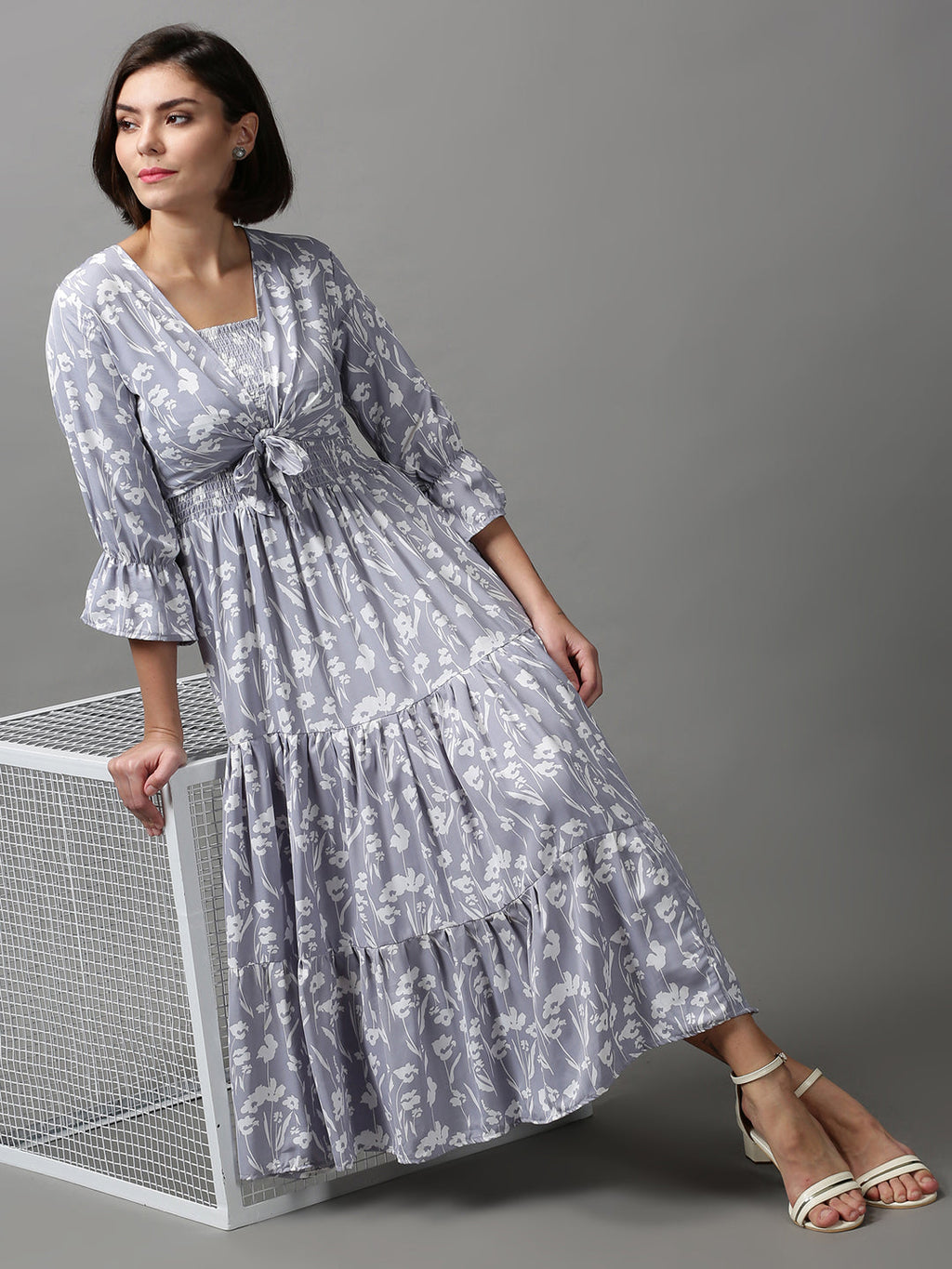 Women's Grey Floral Midi Dress