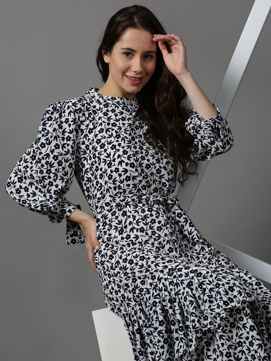 Women's White Floral Layered High Neck Maxi Dress