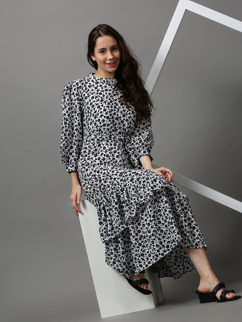 Women's White Floral Layered High Neck Maxi Dress