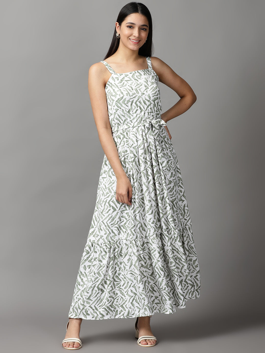Women's White Polka Dots Sleeveless Fit and Flare Maxi Dress