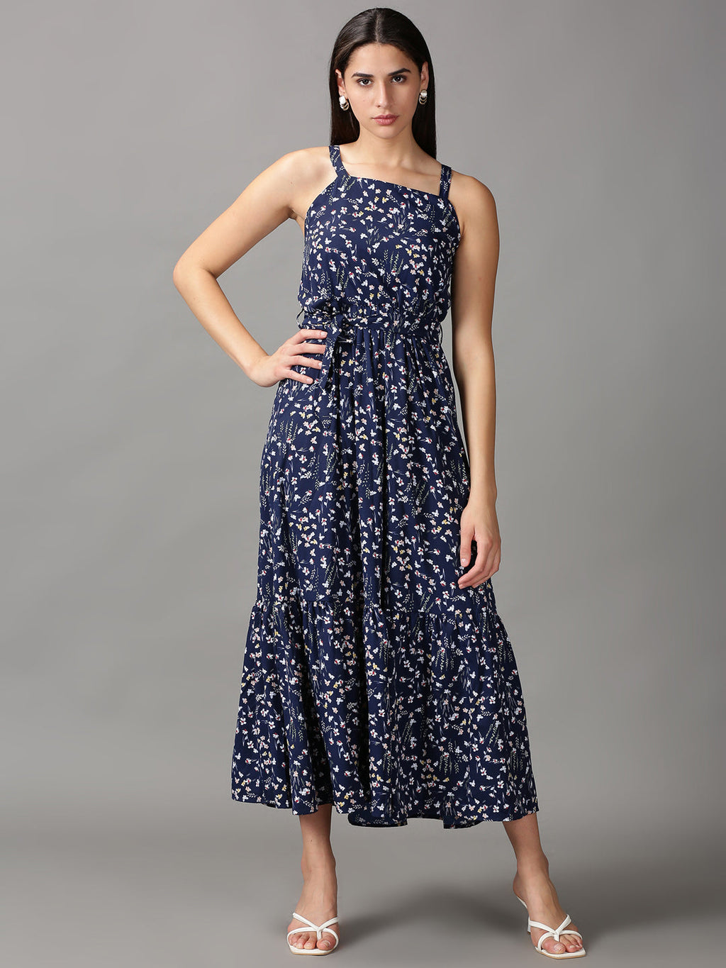 Women's Navy Blue Floral Tiered Chiffon Fit & Flare Dress