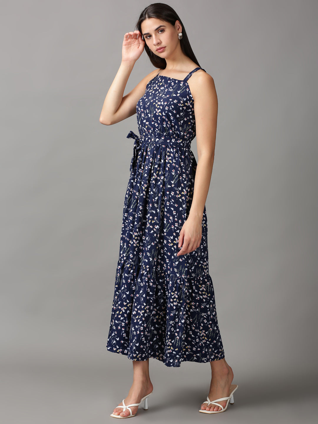 Women's Navy Blue Floral Tiered Chiffon Fit & Flare Dress