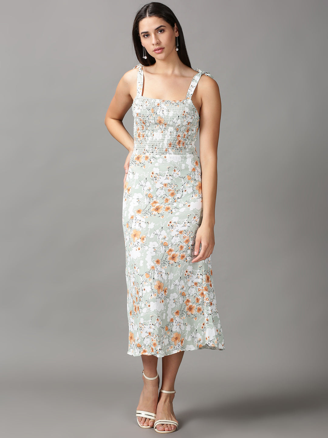 Women's Sea Green Floral Chiffon Fit & Flare Dress