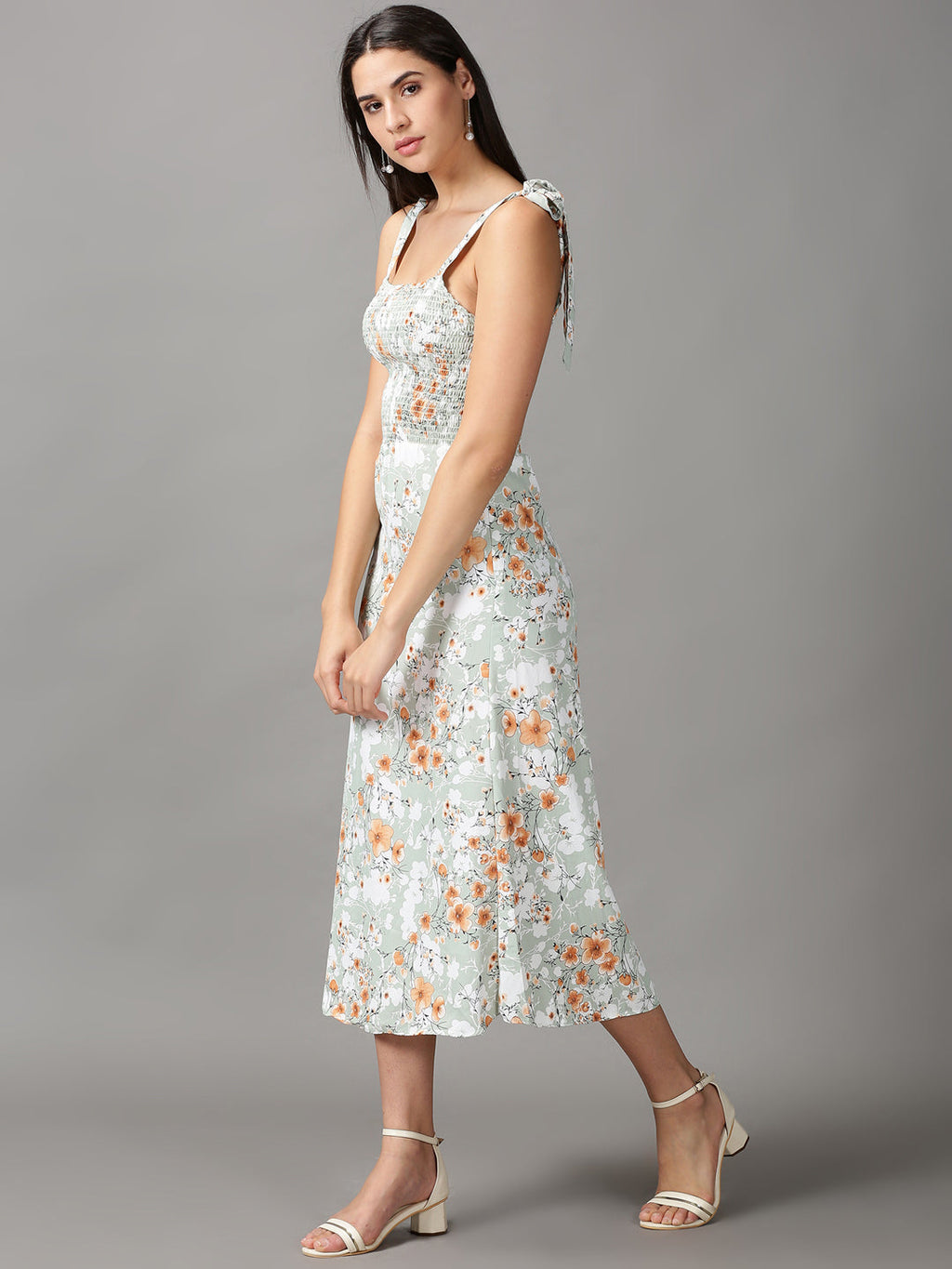 Women's Sea Green Floral Chiffon Fit & Flare Dress