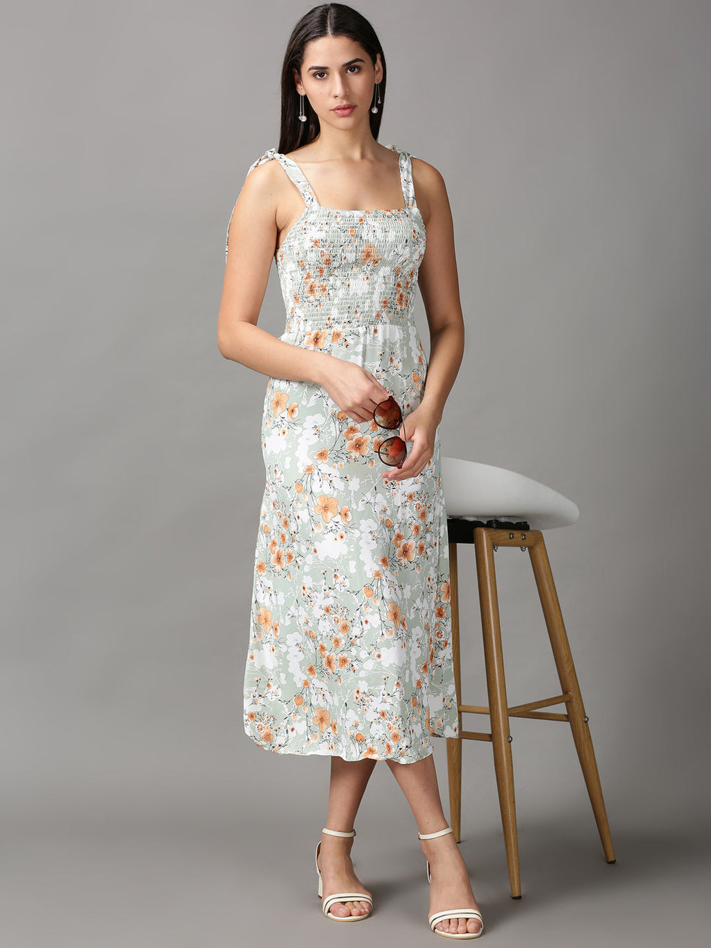 Women's Sea Green Floral Chiffon Fit & Flare Dress