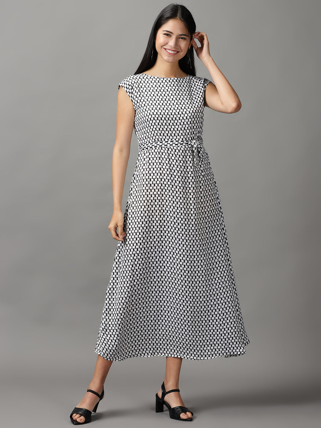 Women's White Geometrical Chiffon Fit & Flare Dress