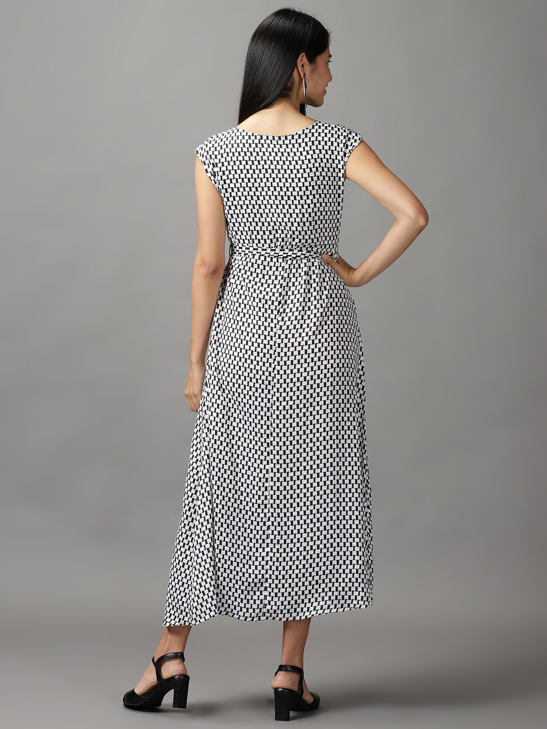 Women's White Geometrical Chiffon Fit & Flare Dress