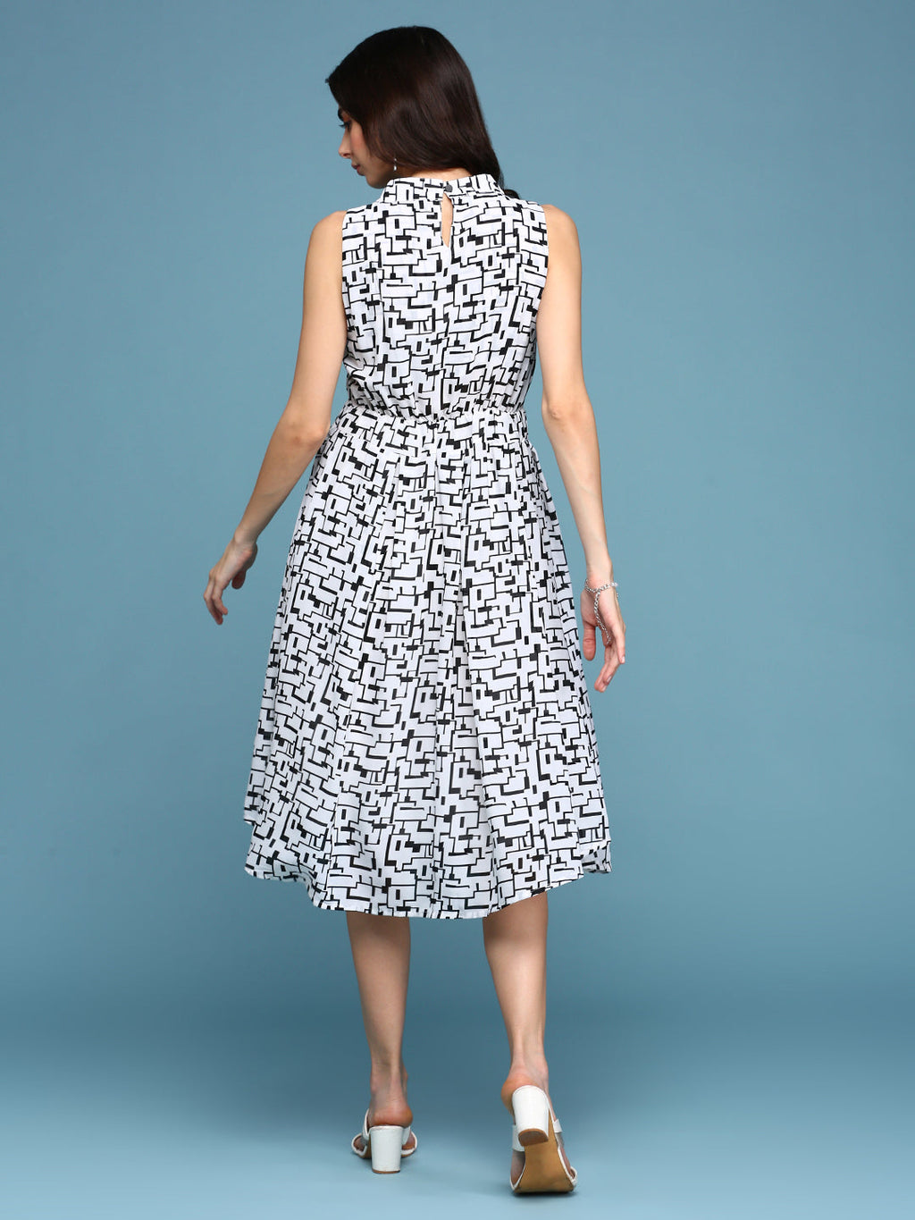 Women's White Keyhole Neck Geometrical Fit & Flare Dress