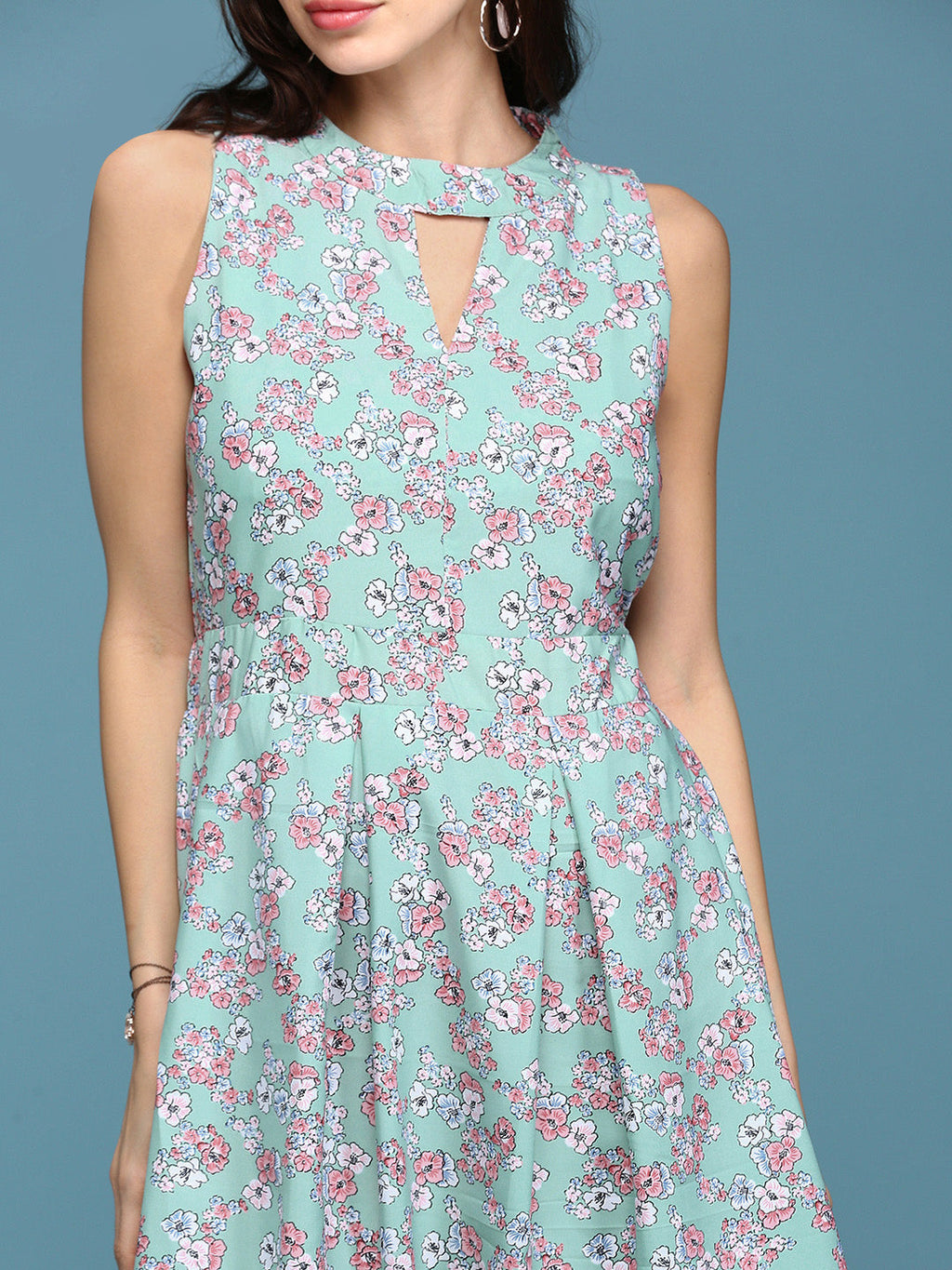 Women's Sea Green Floral Keyhole Neck A-Line Dress