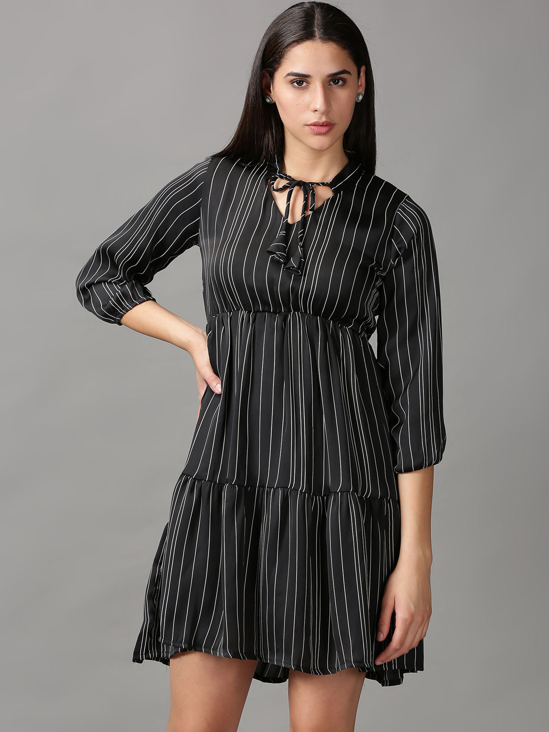 Women's Black Striped Tie-Up Neck Layered Fit & Flare Dress