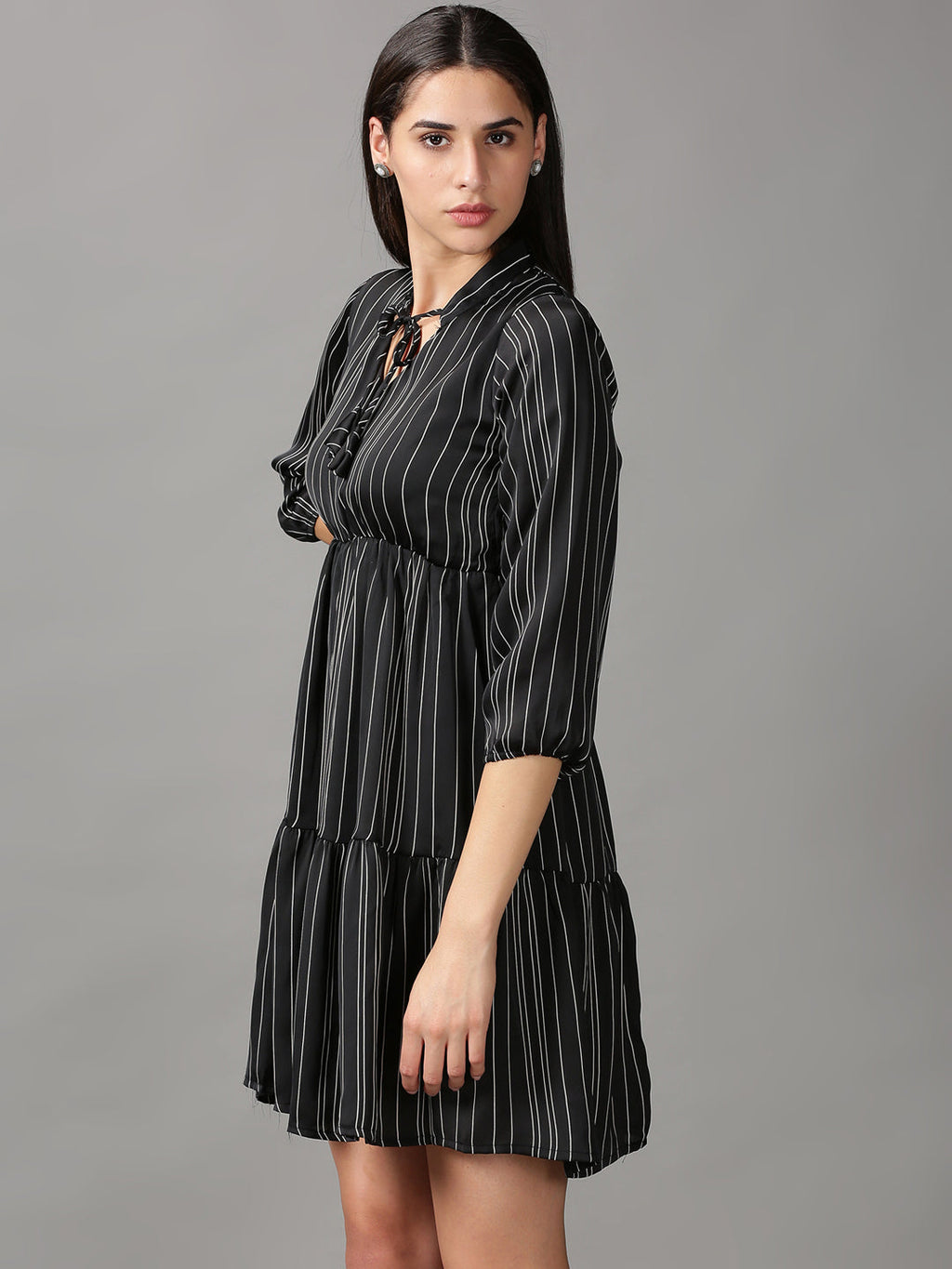 Women's Black Striped Tie-Up Neck Layered Fit & Flare Dress