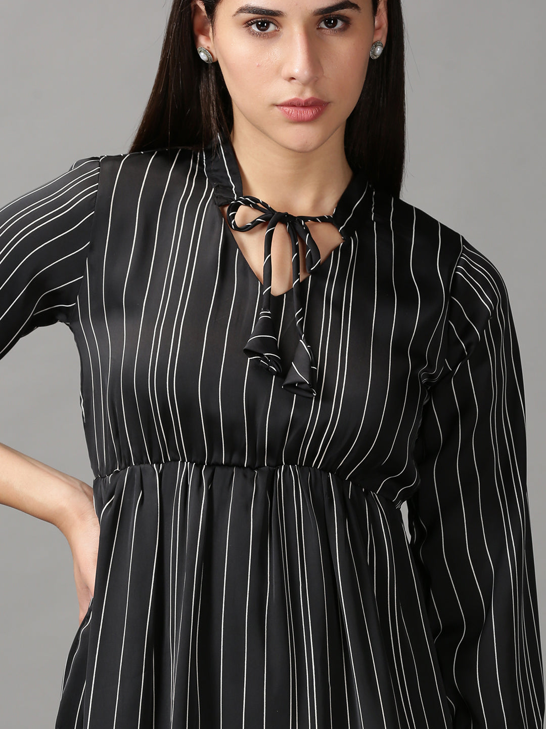 Women's Black Striped Tie-Up Neck Layered Fit & Flare Dress