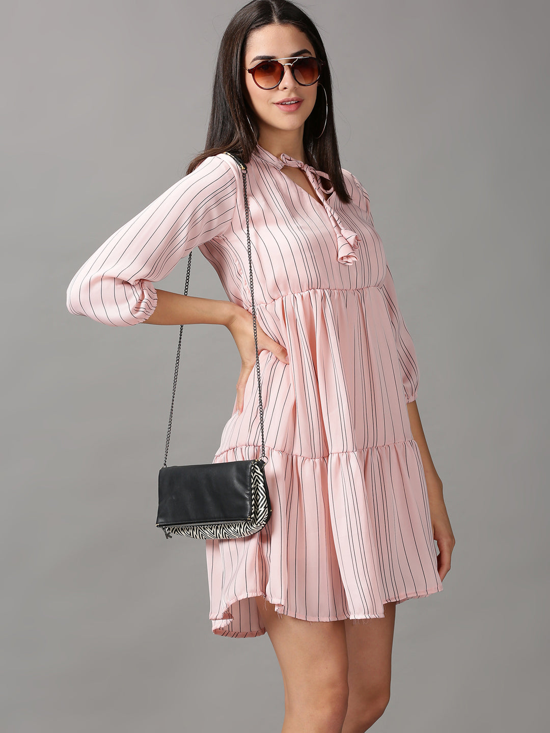 Women's Peach Striped Fit & Flare Dress