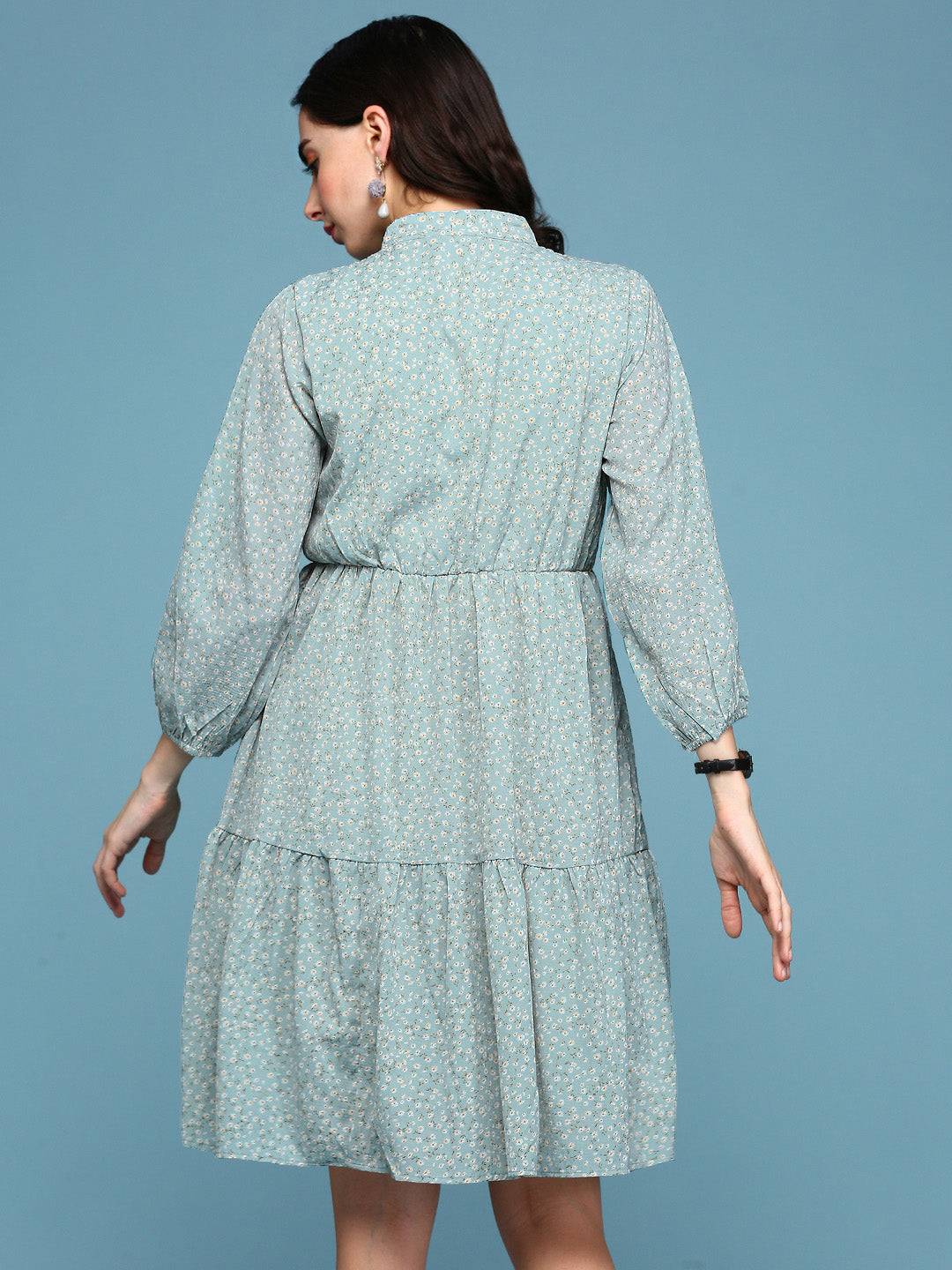 Women's Sea Green Floral Chiffon Fit & Flare Dress