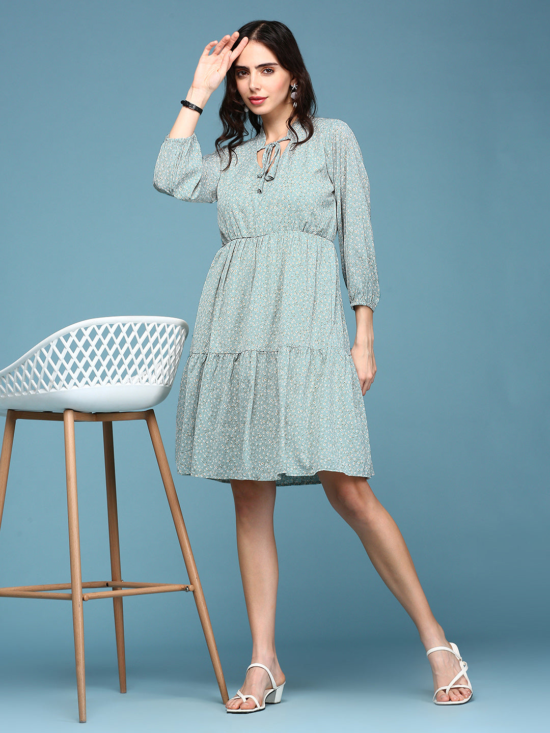 Women's Sea Green Floral Chiffon Fit & Flare Dress