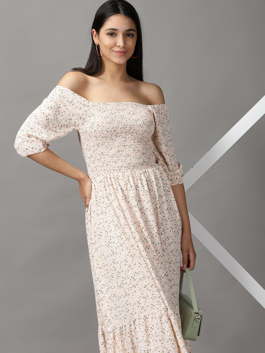 Women's Peach Floral Off-Shoulder Chiffon Fit and Flare Dress