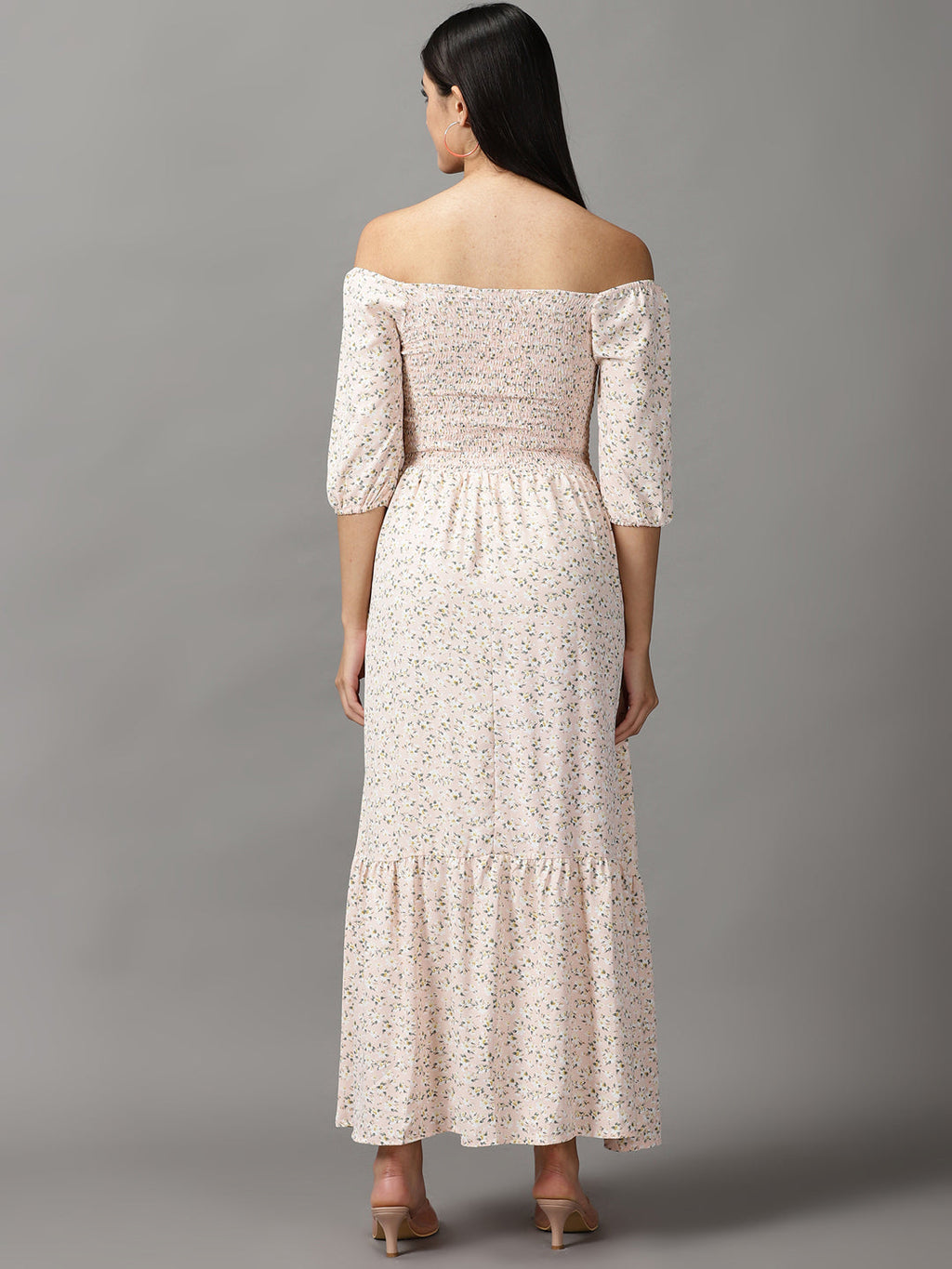 Women's Peach Floral Off-Shoulder Chiffon Fit and Flare Dress