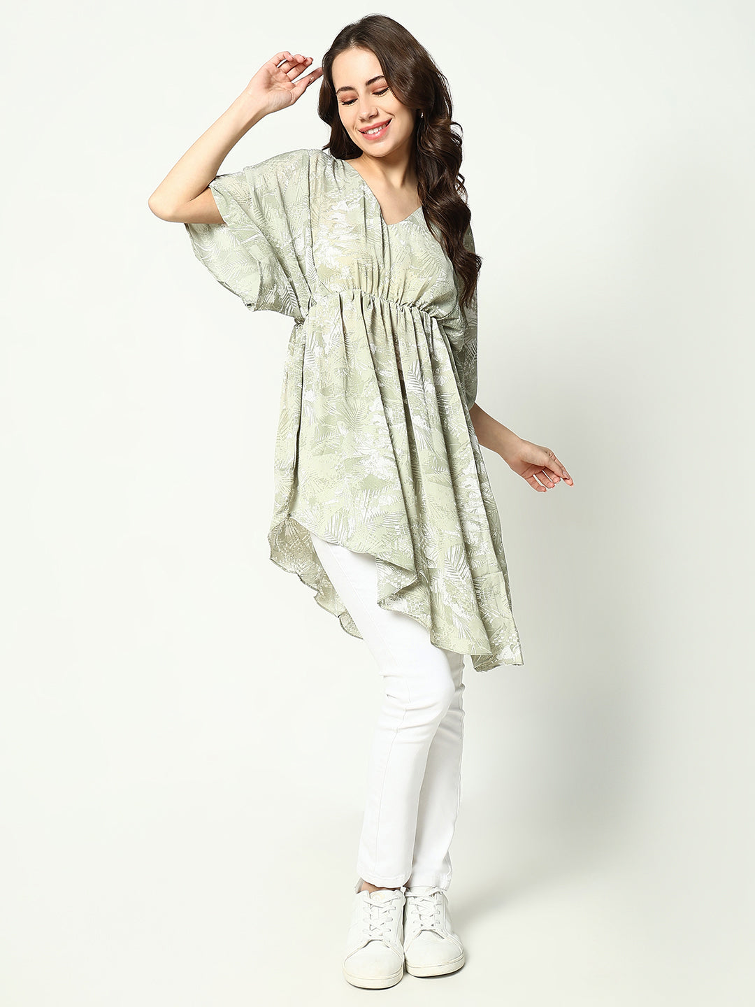 Women's Olive Tropical Chiffon Fit & Flare Top