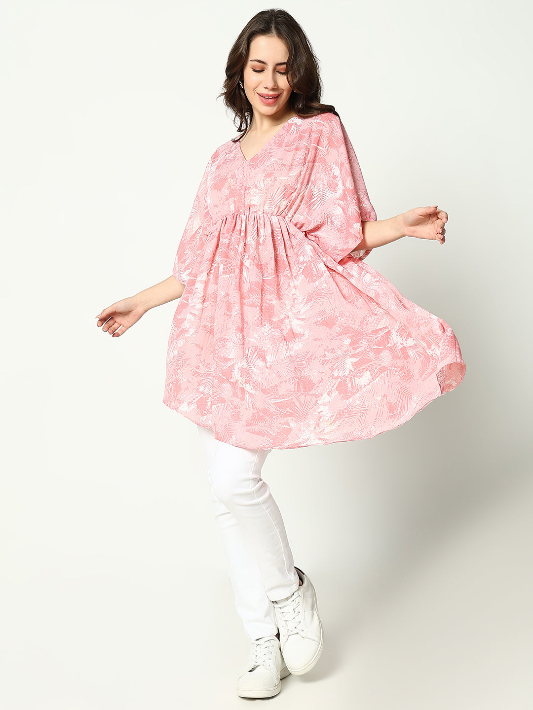 Women's Pink Printed Chiffon Fit & Flare Top